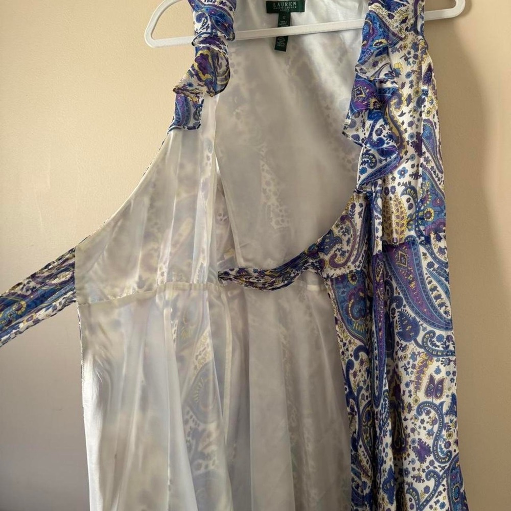Lauren Ralph Lauren Paisley 100% Silk Wrap Dress White Purple Blue Yellow - Picture 5 of 8